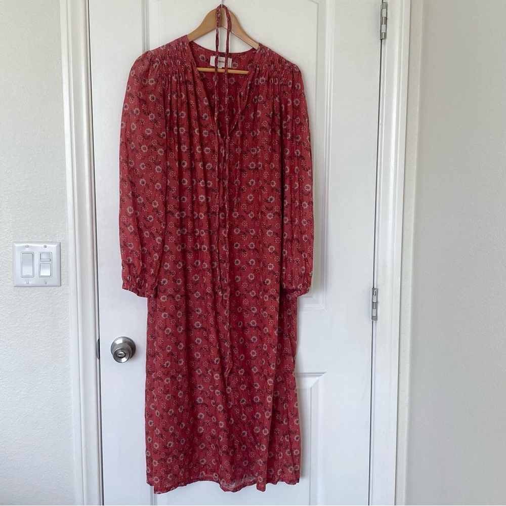 XiRENA Deep Red Long Sleeve Sundress with Pleated Bodice and Scoop Neck